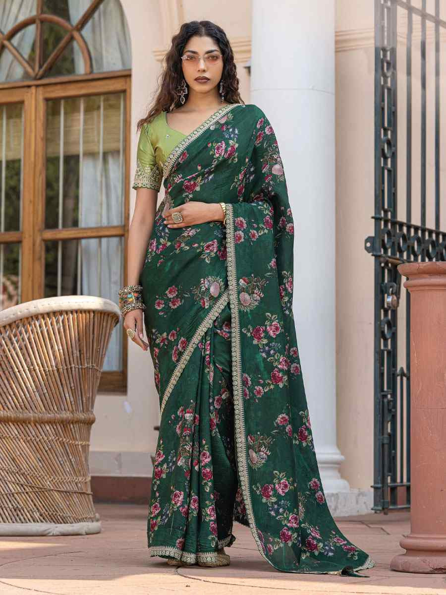 Green Pure Viscose Dola Silk Embroidery Casual Festival Party Heavy Border Sarees