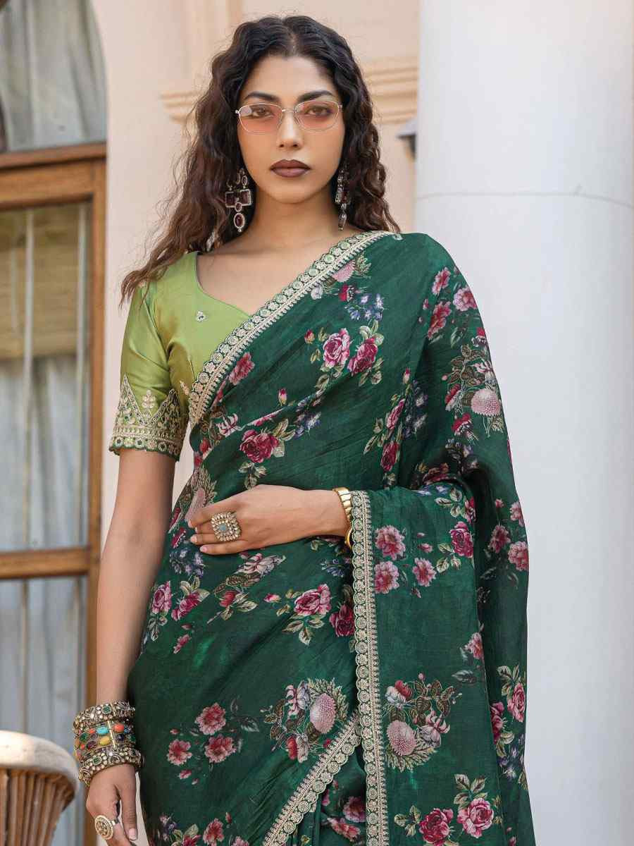 Green Pure Viscose Dola Silk Embroidery Casual Festival Party Heavy Border Sarees
