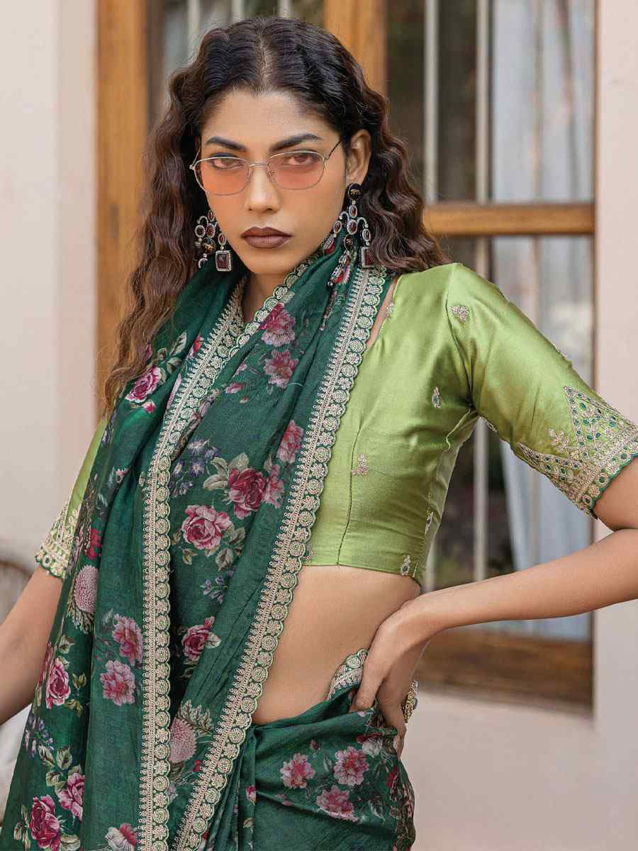 Green Pure Viscose Dola Silk Embroidery Casual Festival Party Heavy Border Sarees
