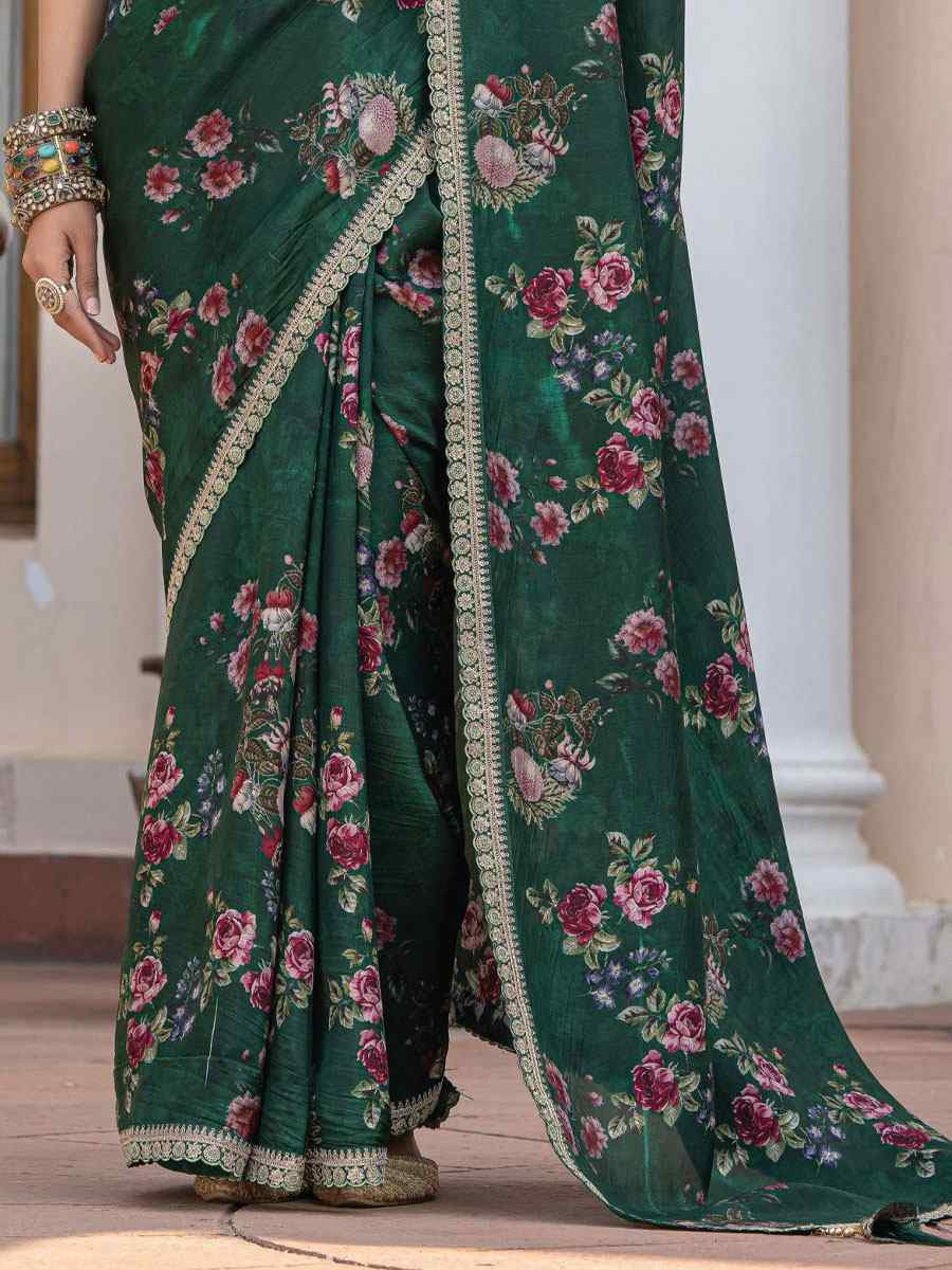 Green Pure Viscose Dola Silk Embroidery Casual Festival Party Heavy Border Sarees