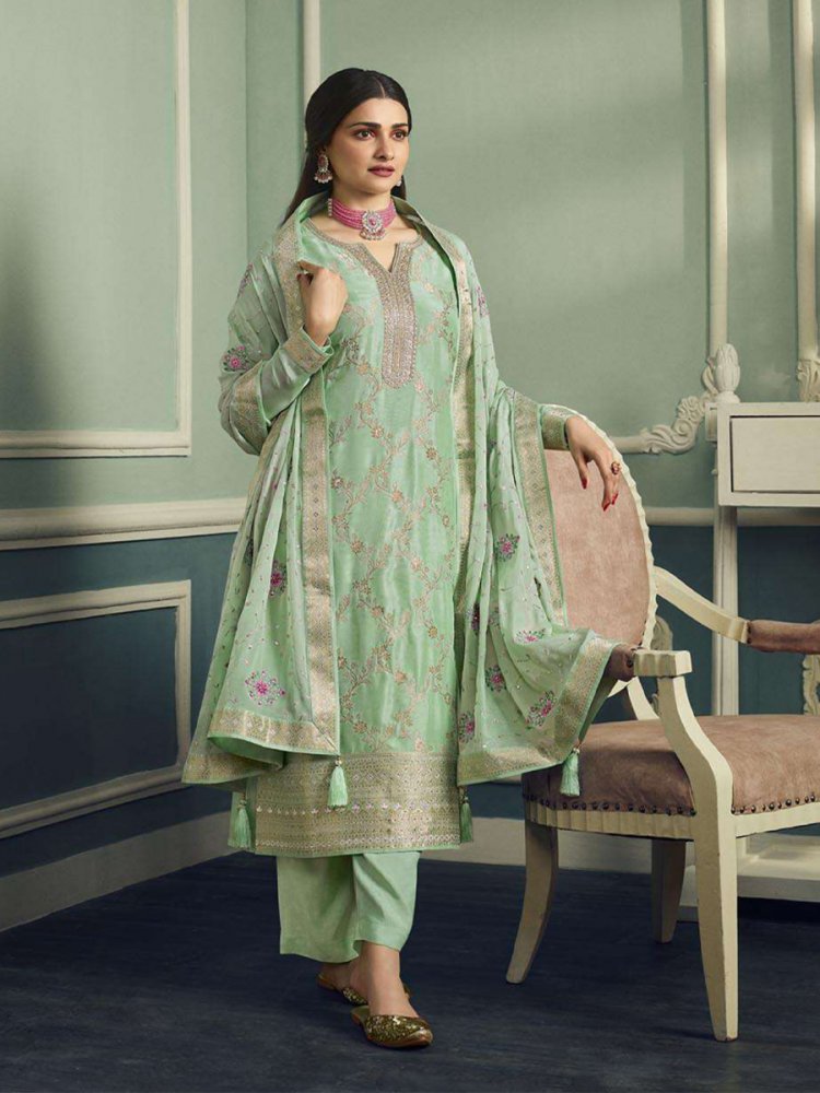 Green Pure Viscose Jacquard Embroidered Festival Mehendi Pant Bollywood Style Salwar Kameez