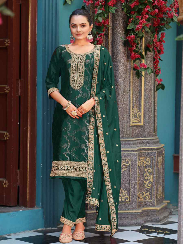 Image of Green Pure Viscose Jacquard Embroidery Party Wedding Festival Casual Ready Pant Salwar Kameez