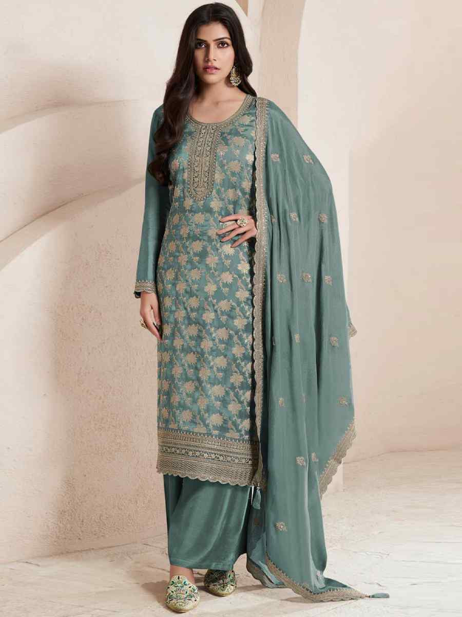 Green Pure Viscose Jacquard Silk Embroidered Festival Wedding Pant Bollywood Style Salwar Kameez