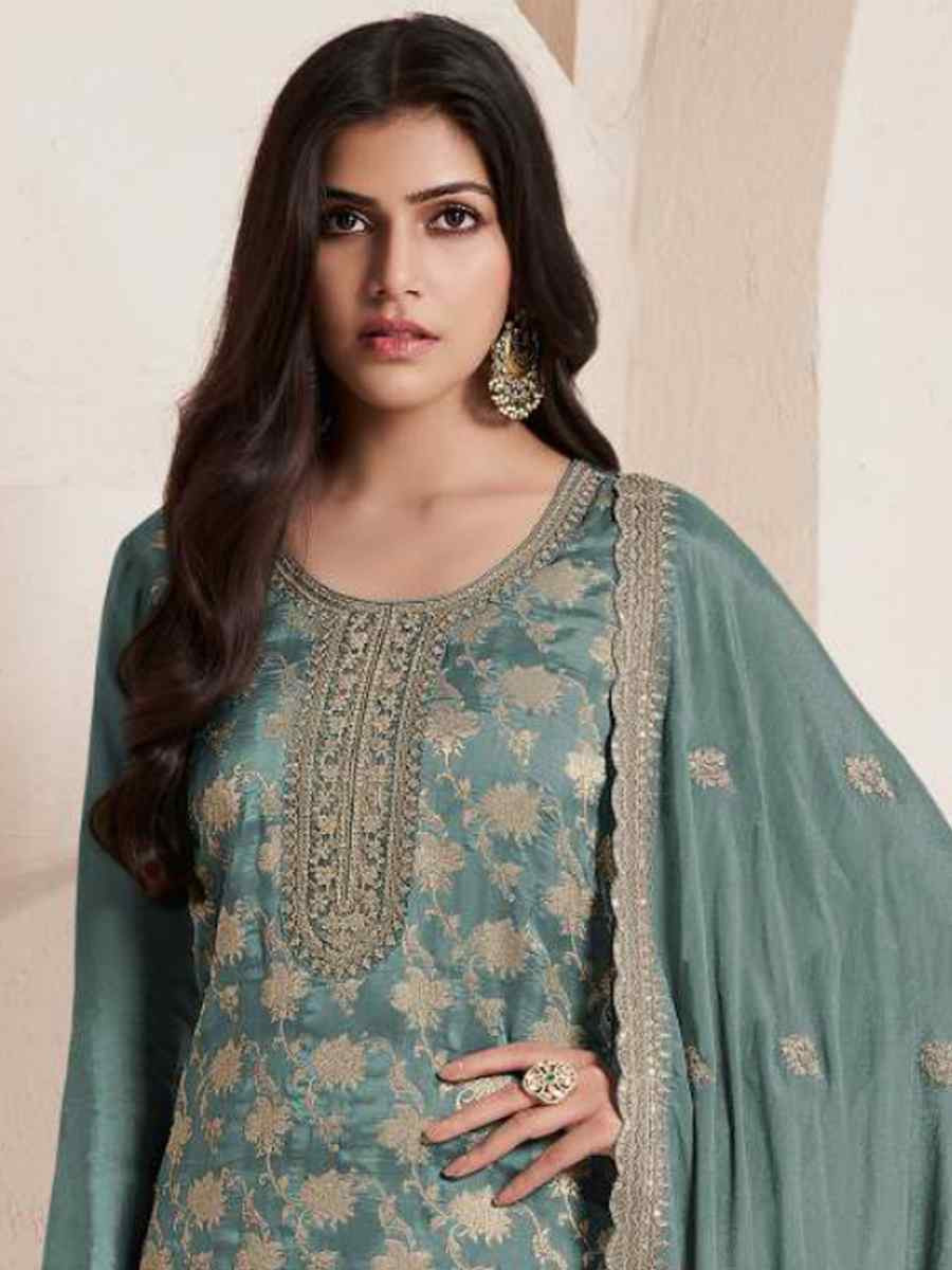 Green Pure Viscose Jacquard Silk Embroidered Festival Wedding Pant Bollywood Style Salwar Kameez