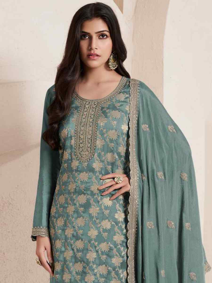 Green Pure Viscose Jacquard Silk Embroidered Festival Wedding Pant Bollywood Style Salwar Kameez