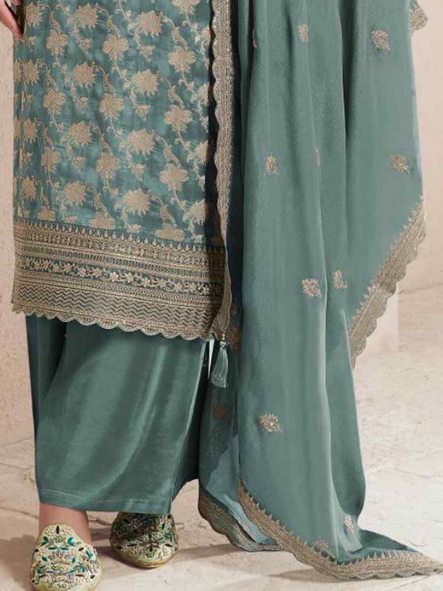 Green Pure Viscose Jacquard Silk Embroidered Festival Wedding Pant Bollywood Style Salwar Kameez
