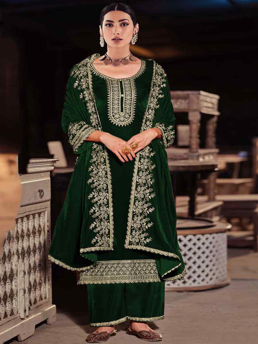 Green Pure Viscose Velvet Embroidered Festival Wedding Palazzo Pant Salwar Kameez