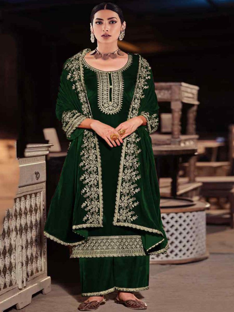 Green Pure Viscose Velvet Embroidered Festival Wedding Palazzo Pant Salwar Kameez
