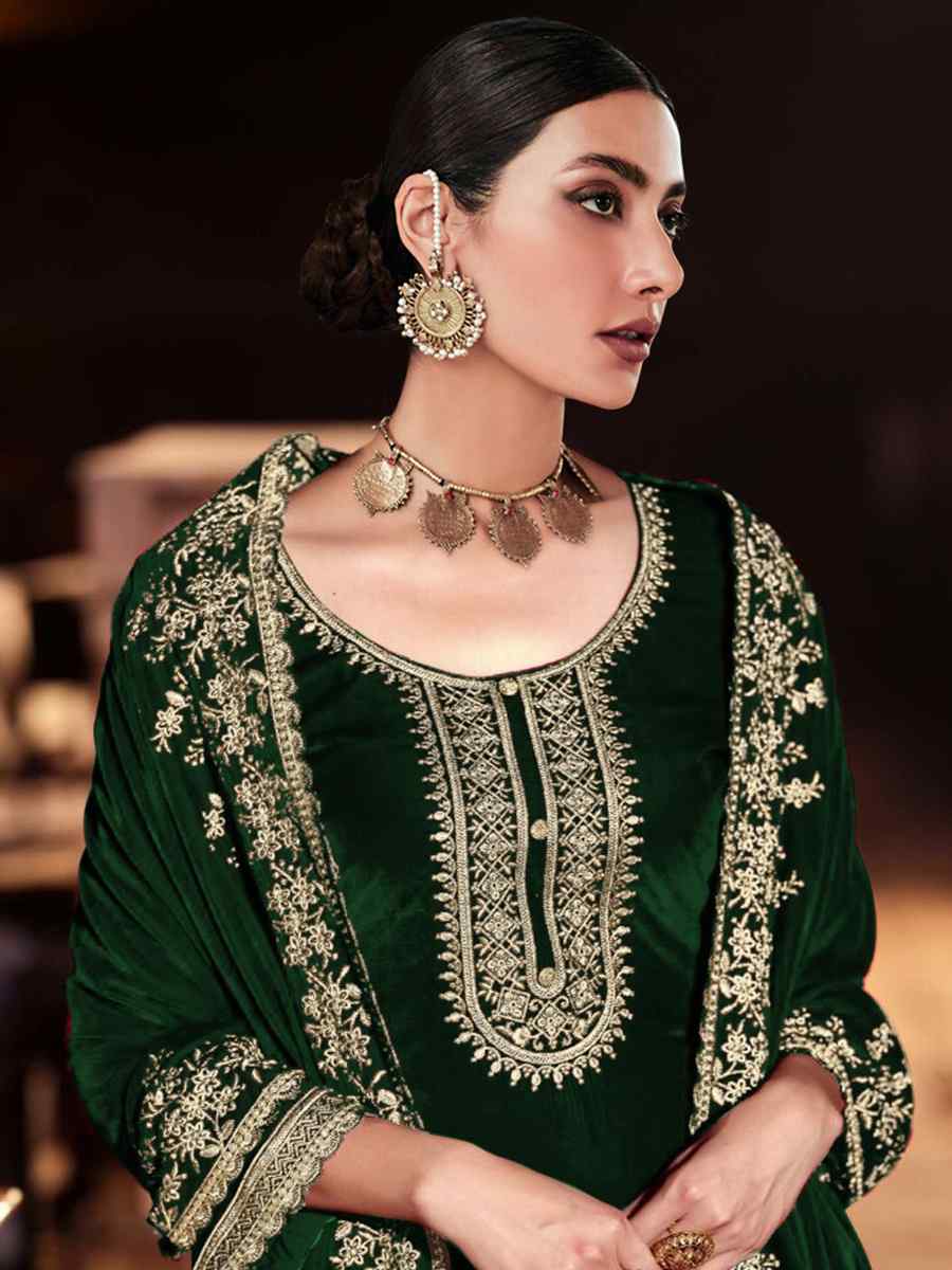 Green Pure Viscose Velvet Embroidered Festival Wedding Palazzo Pant Salwar Kameez
