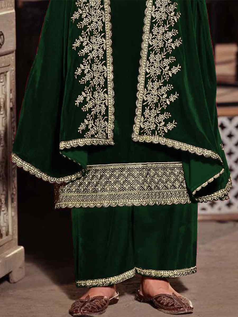 Green Pure Viscose Velvet Embroidered Festival Wedding Palazzo Pant Salwar Kameez