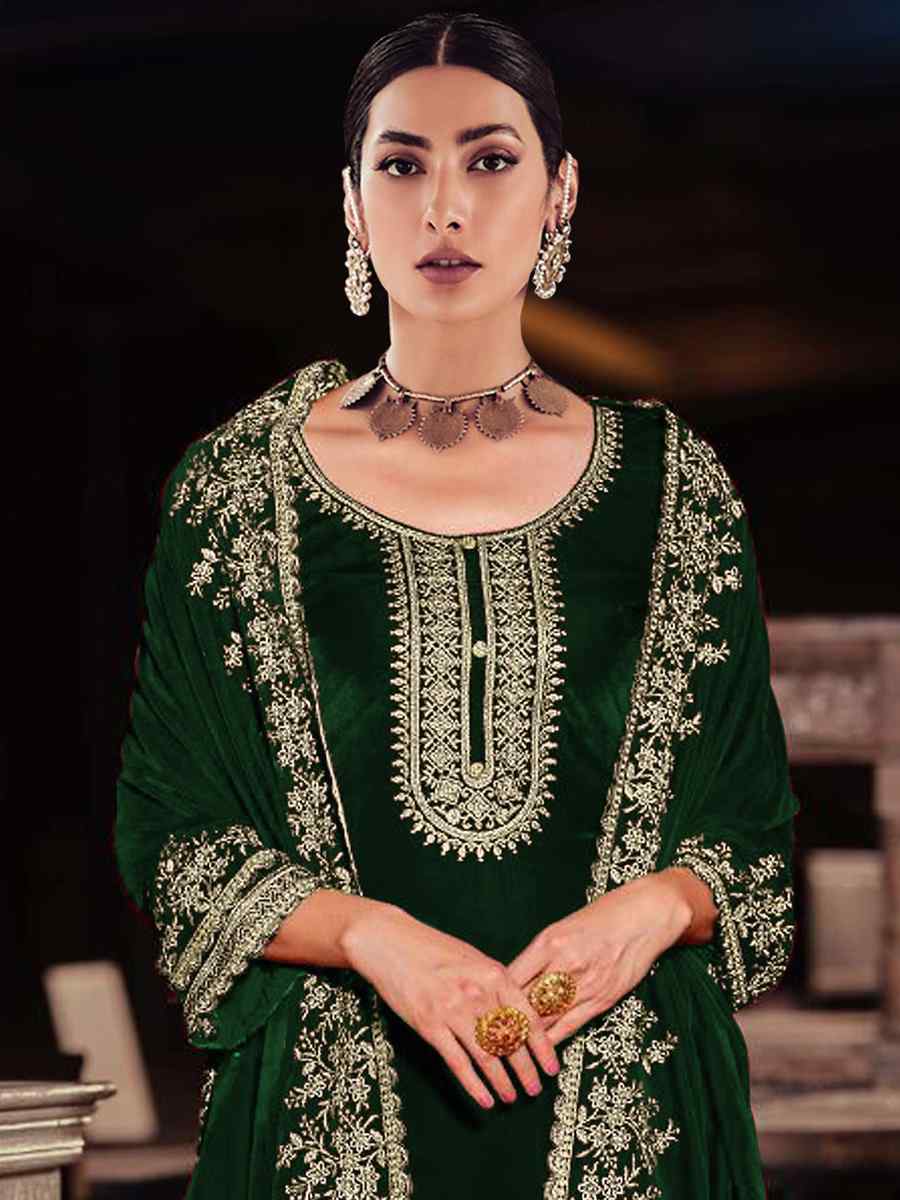 Green Pure Viscose Velvet Embroidered Festival Wedding Palazzo Pant Salwar Kameez