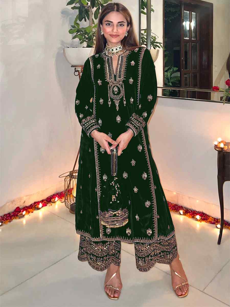 Green Pure Viscose Velvet Embroidered Mehendi Wedding Pant Salwar Kameez