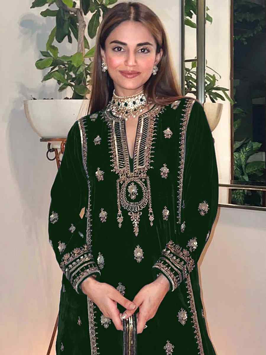 Green Pure Viscose Velvet Embroidered Mehendi Wedding Pant Salwar Kameez