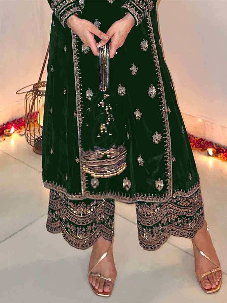 Green Pure Viscose Velvet Embroidered Mehendi Wedding Pant Salwar Kameez