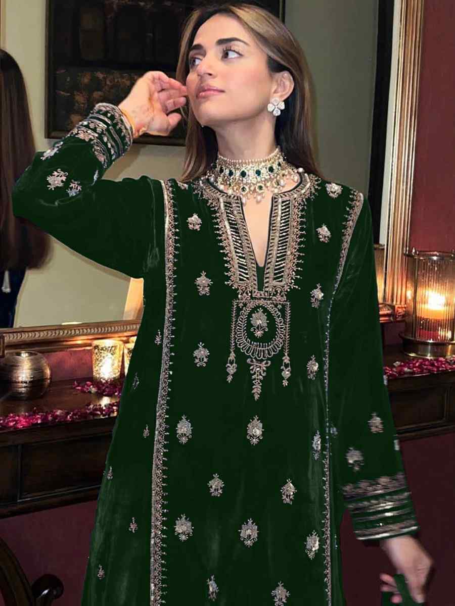 Green Pure Viscose Velvet Embroidered Mehendi Wedding Pant Salwar Kameez