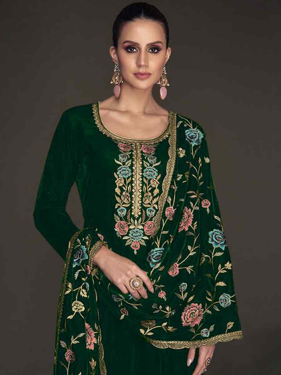 Green Pure Viscose Velvet Embroidered Mehendi Wedding Pant Salwar Kameez