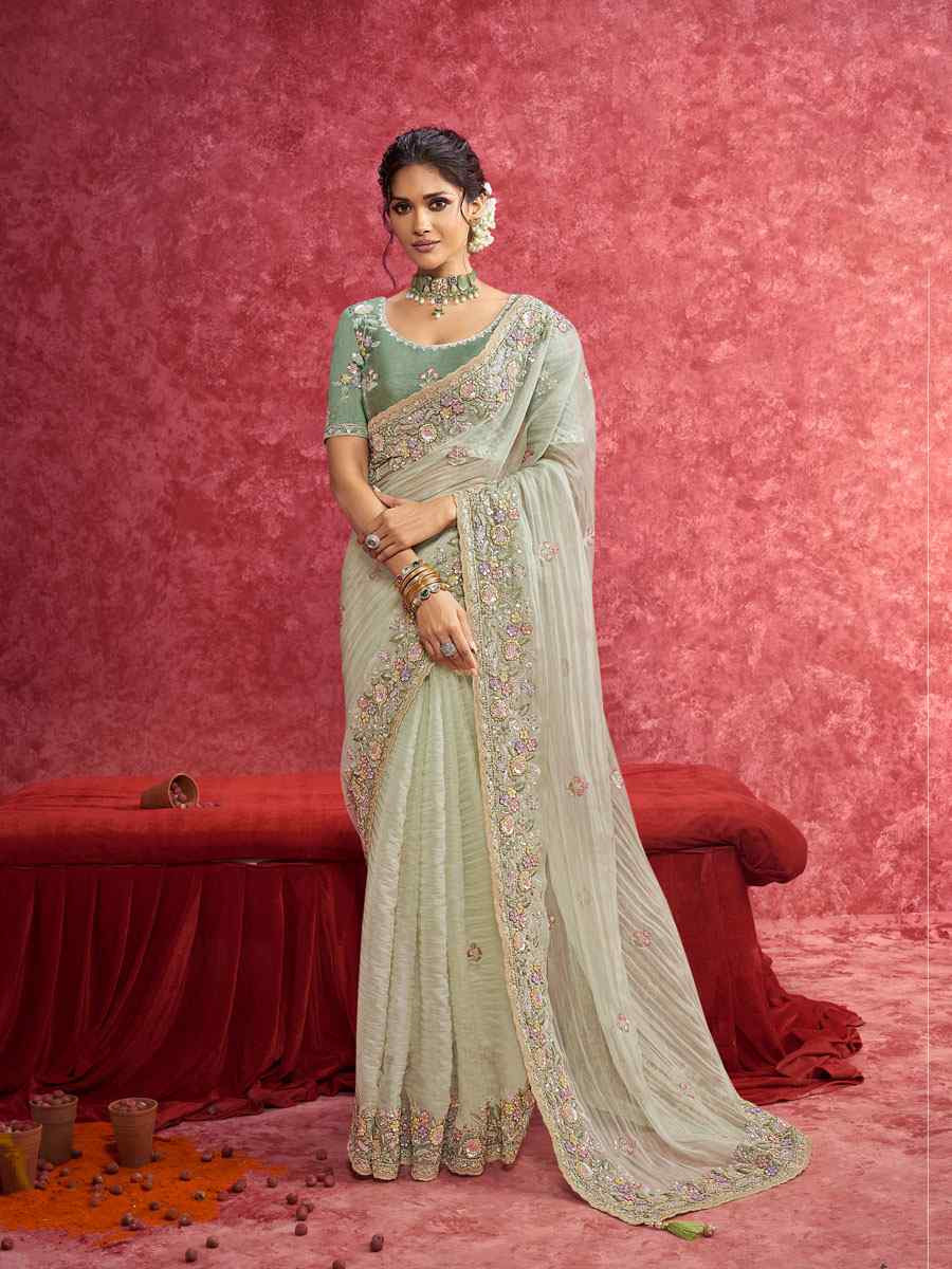 Green Pure Weave Embroidery Bridal Reception Festival Wedding Fancy Heavy Border Saree