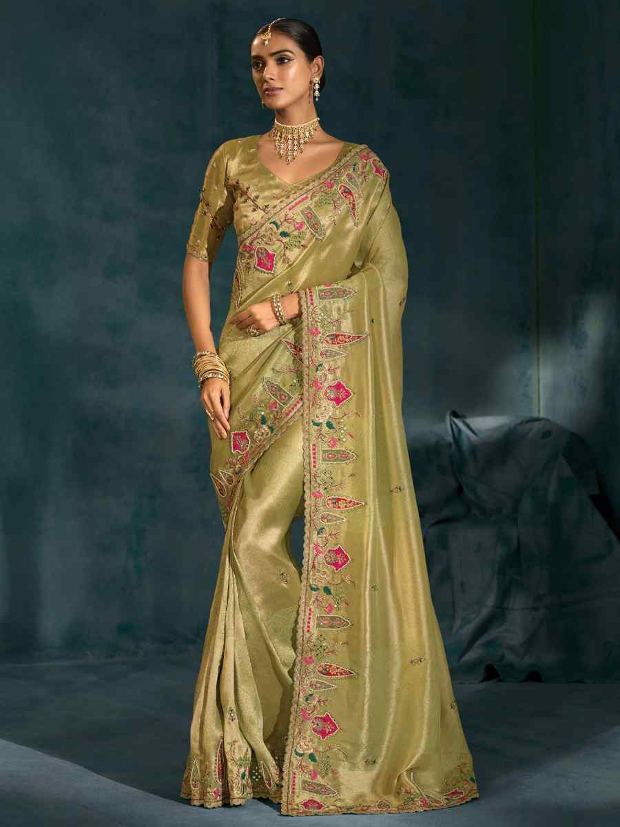 Green Pure Ziraf Silk Embroidery Bridal Reception Festival Wedding Fancy Heavy Border Saree