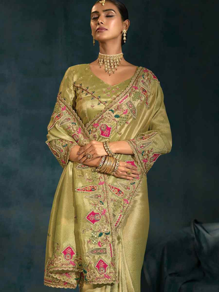 Green Pure Ziraf Silk Embroidery Bridal Reception Festival Wedding Fancy Heavy Border Saree