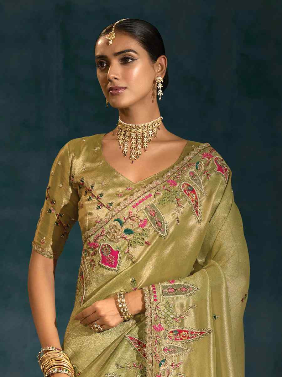 Green Pure Ziraf Silk Embroidery Bridal Reception Festival Wedding Fancy Heavy Border Saree
