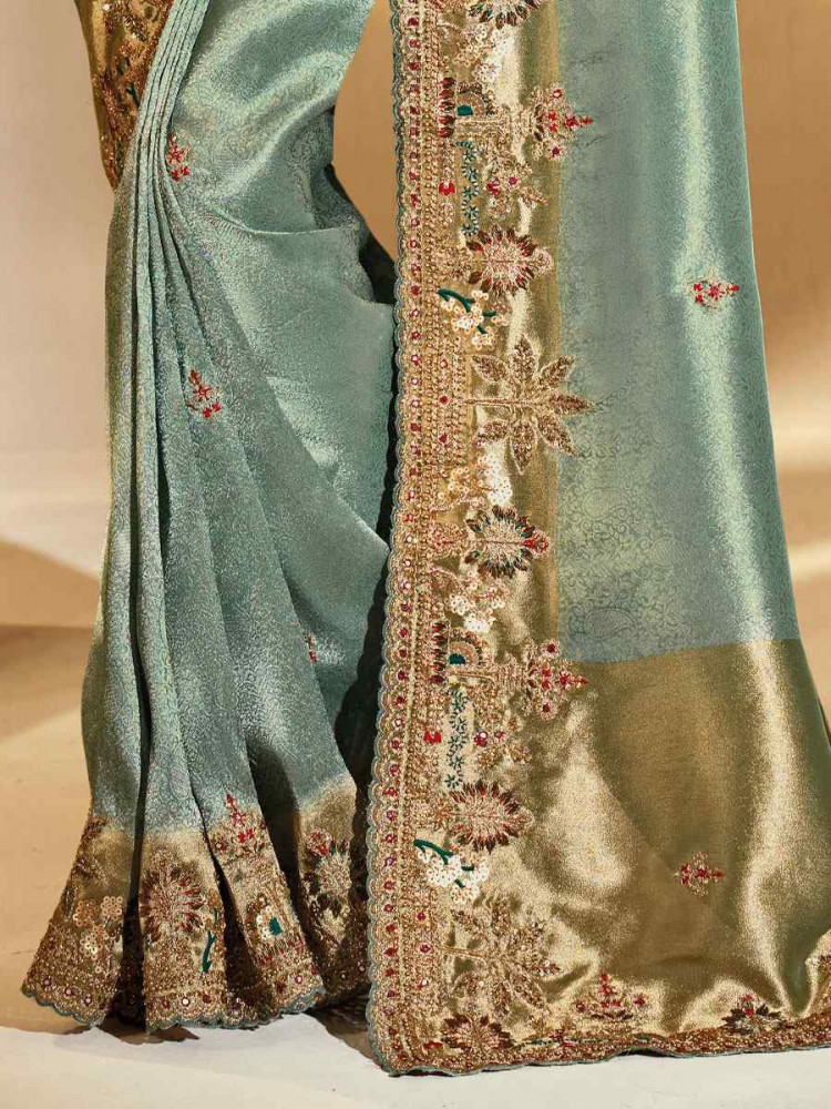 Image of Green Pure Ziraf Silk Embroidery Traditional Bridal Reception Festival Wedding Fancy Heavy Border Saree