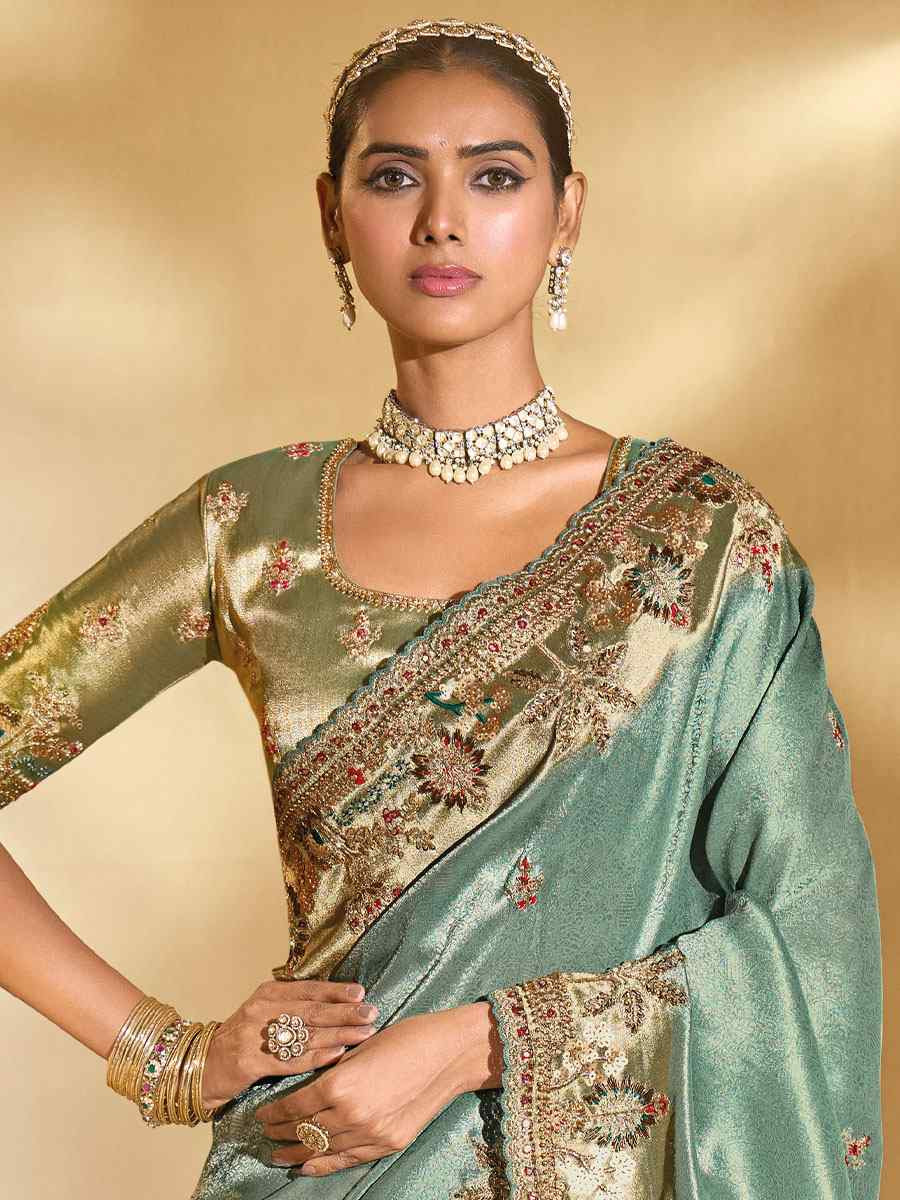 Green Pure Ziraf Silk Embroidery Traditional Bridal Reception Festival Wedding Fancy Heavy Border Saree