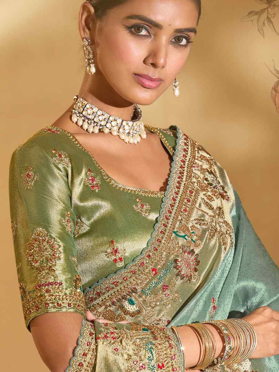 Green Pure Ziraf Silk Embroidery Traditional Bridal Reception Festival Wedding Fancy Heavy Border Saree