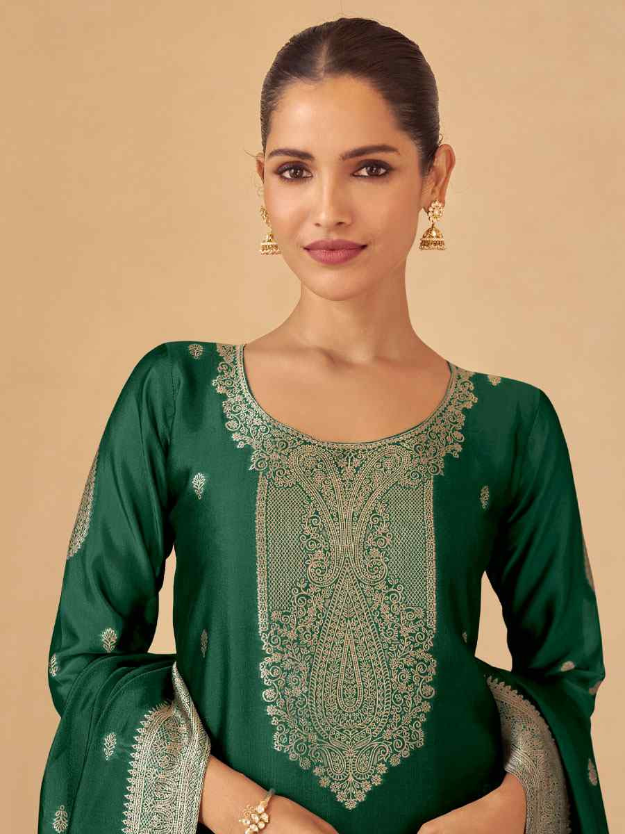 Green Puremium Viscose Silk Jacquard Handwoven Festival Wedding Pant Salwar Kameez
