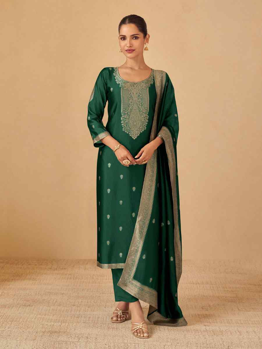 Green Puremium Viscose Silk Jacquard Handwoven Festival Wedding Pant Salwar Kameez