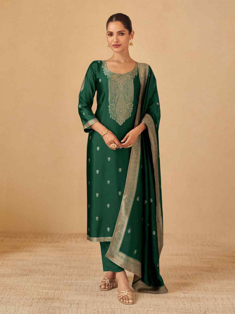 Image of Green Puremium Viscose Silk Jacquard Handwoven Festival Wedding Pant Salwar Kameez