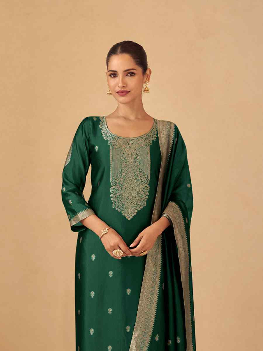 Green Puremium Viscose Silk Jacquard Handwoven Festival Wedding Pant Salwar Kameez