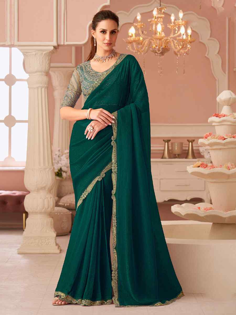 Green Rainbow Georgette Embroidery Bridal Reception Festival Wedding Fancy Heavy Border Saree