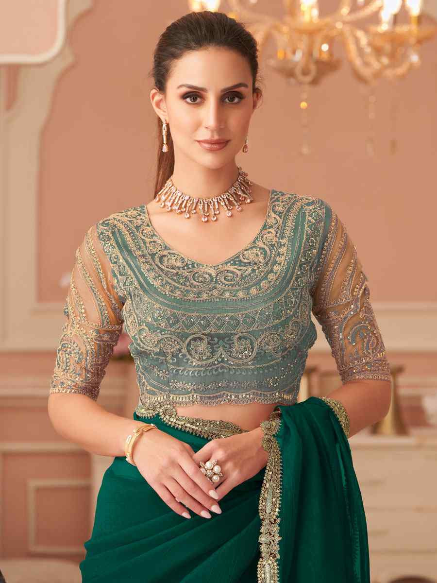 Green Rainbow Georgette Embroidery Bridal Reception Festival Wedding Fancy Heavy Border Saree