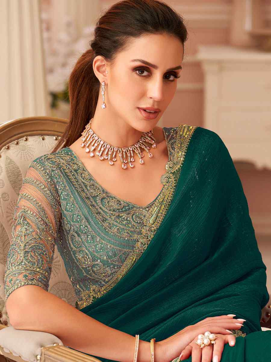 Green Rainbow Georgette Embroidery Bridal Reception Festival Wedding Fancy Heavy Border Saree