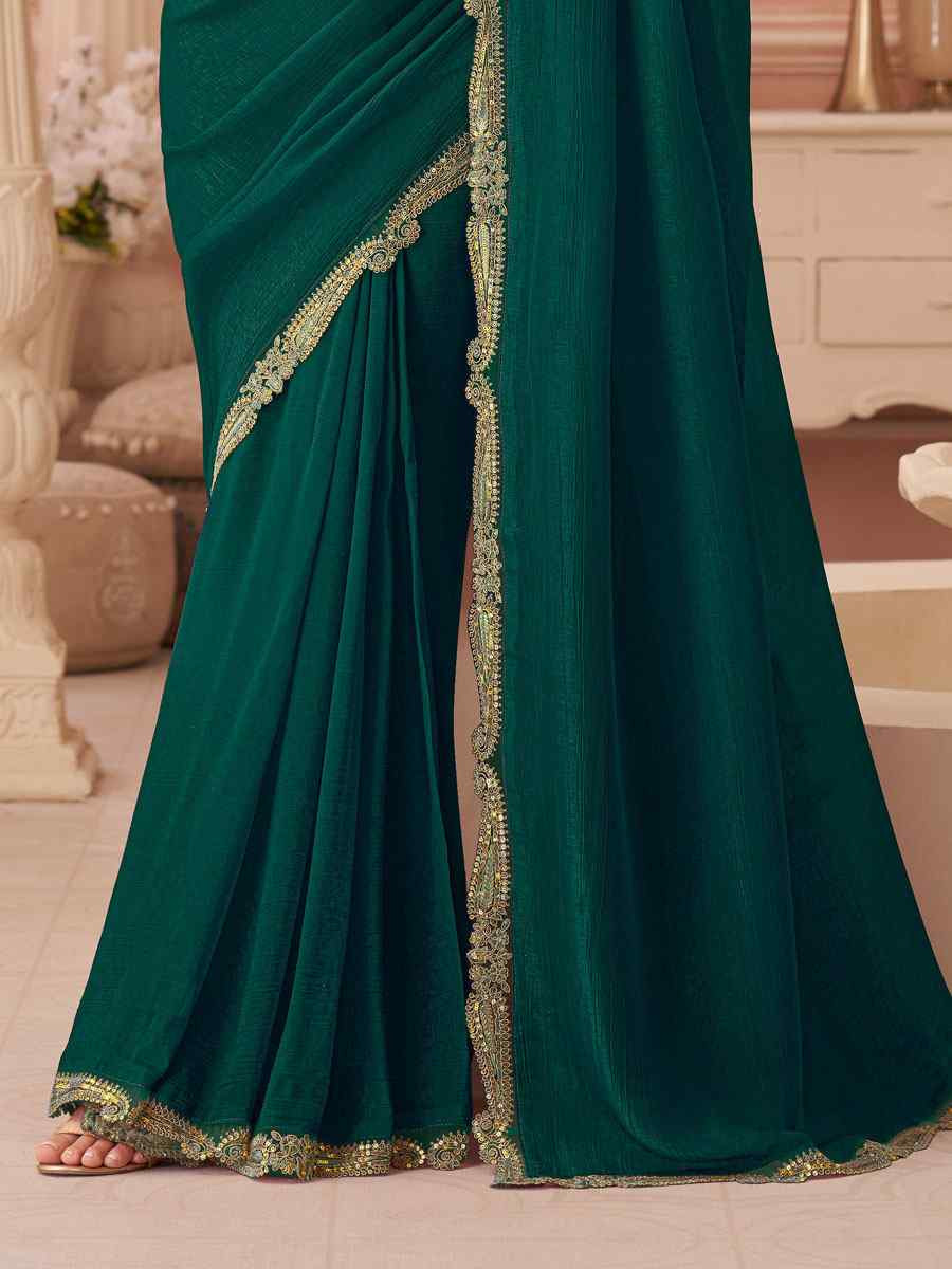Green Rainbow Georgette Embroidery Bridal Reception Festival Wedding Fancy Heavy Border Saree