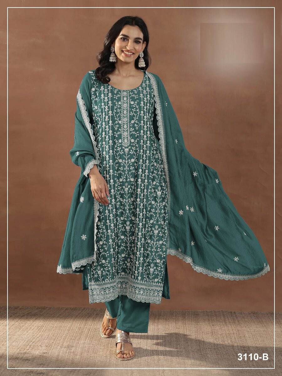 Green Rangoli Crush Silk Embroidery Wedding Party Festival Casual Mehendi Palazzo Pant Salwar Kameez