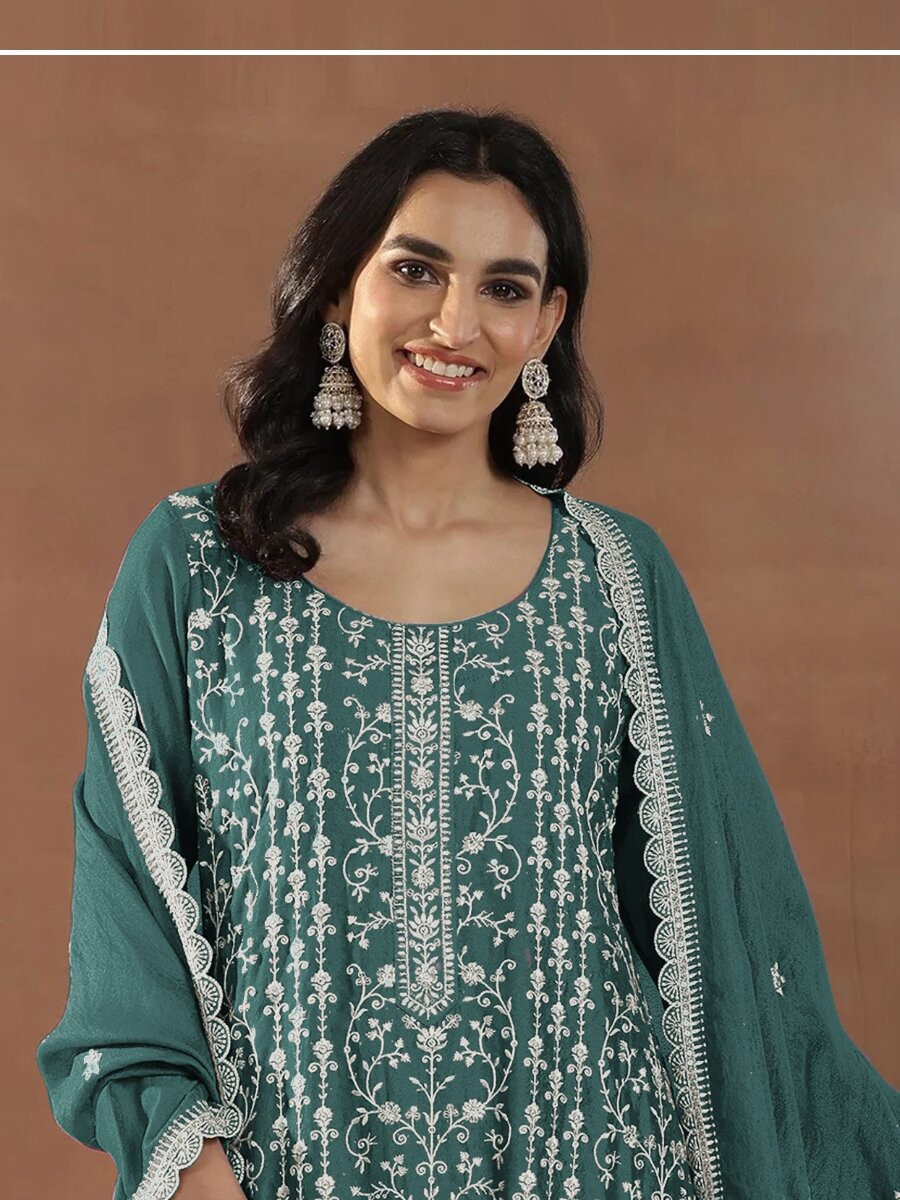 Green Rangoli Crush Silk Embroidery Wedding Party Festival Casual Mehendi Palazzo Pant Salwar Kameez