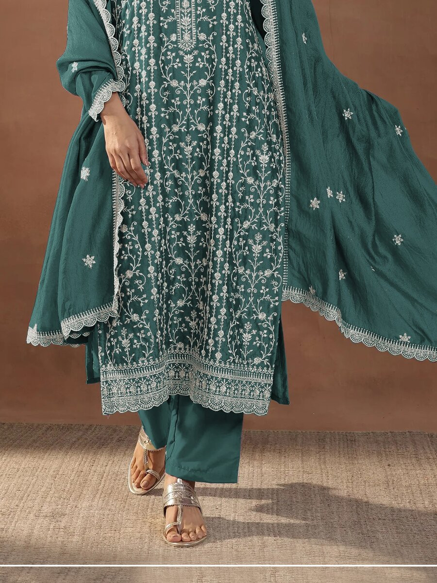 Green Rangoli Crush Silk Embroidery Wedding Party Festival Casual Mehendi Palazzo Pant Salwar Kameez
