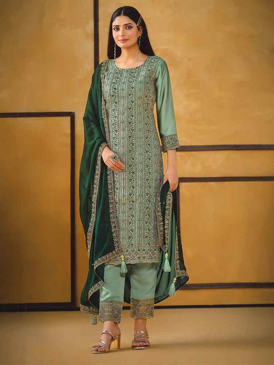 Green Rangoli Silk Embroidered Festival Wedding Pant Salwar Kameez