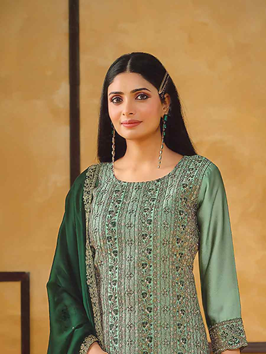 Green Rangoli Silk Embroidered Festival Wedding Pant Salwar Kameez
