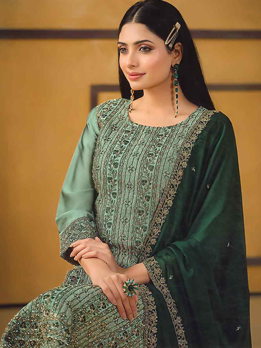 Green Rangoli Silk Embroidered Festival Wedding Pant Salwar Kameez