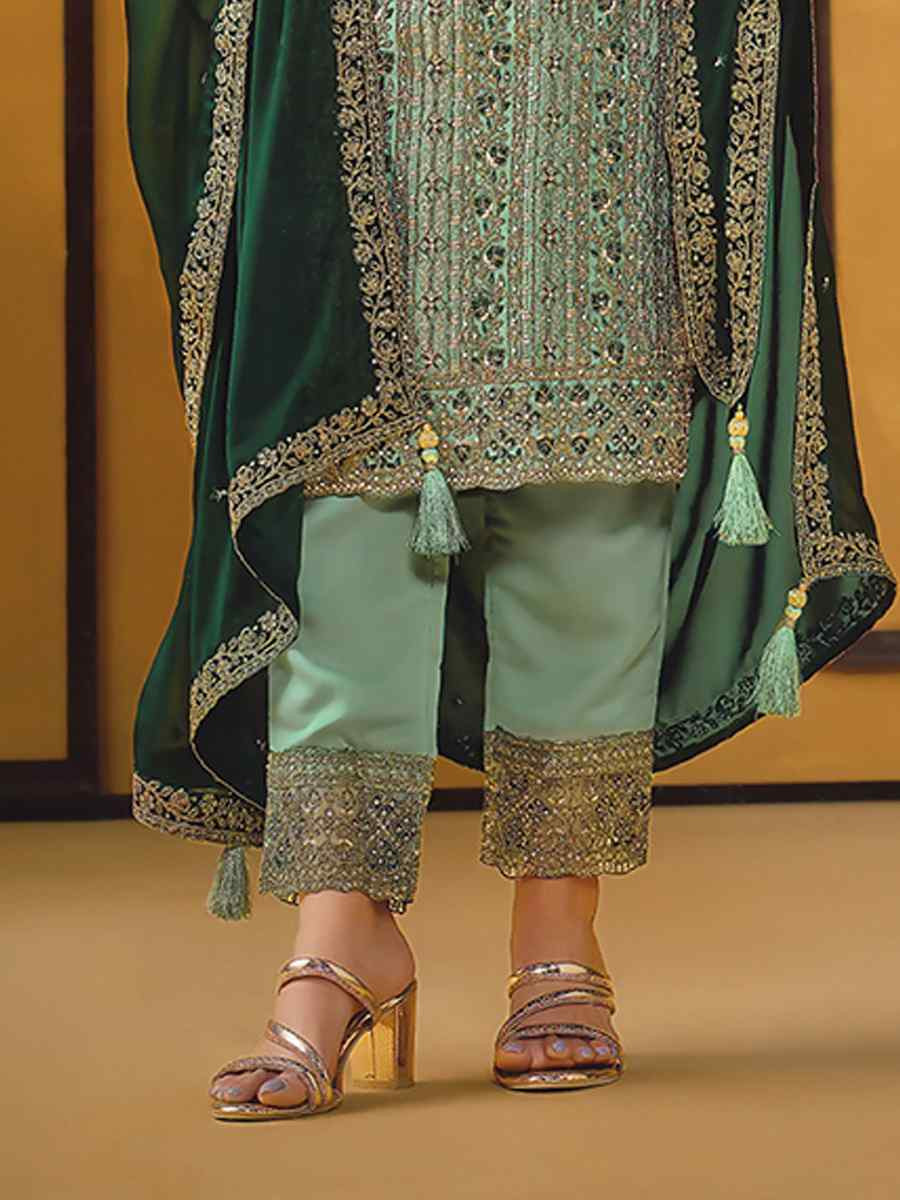 Green Rangoli Silk Embroidered Festival Wedding Pant Salwar Kameez
