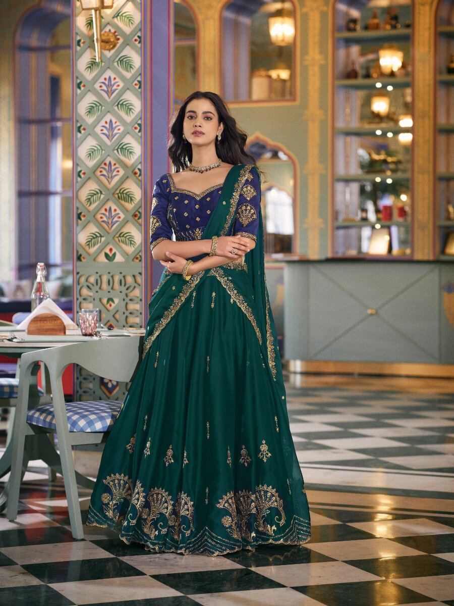Green Rangoli Silk Embroidery Sequins Wedding Reception Party Festival Heavy Border Lehenga Choli