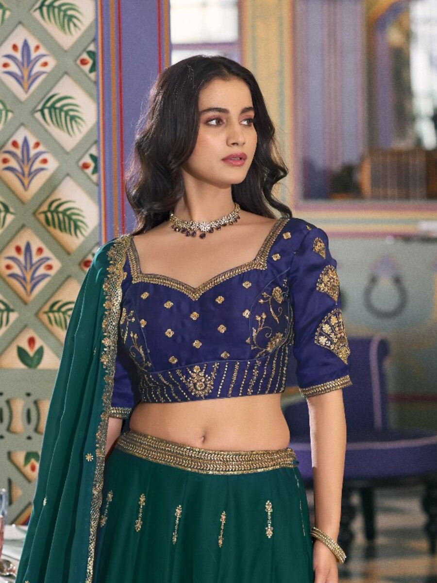 Green Rangoli Silk Embroidery Sequins Wedding Reception Party Festival Heavy Border Lehenga Choli