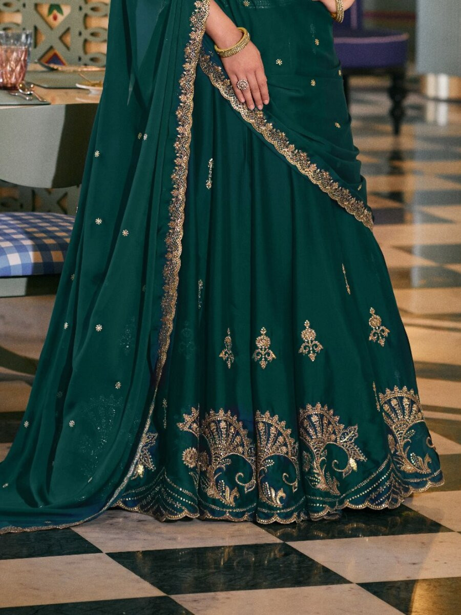 Green Rangoli Silk Embroidery Sequins Wedding Reception Party Festival Heavy Border Lehenga Choli