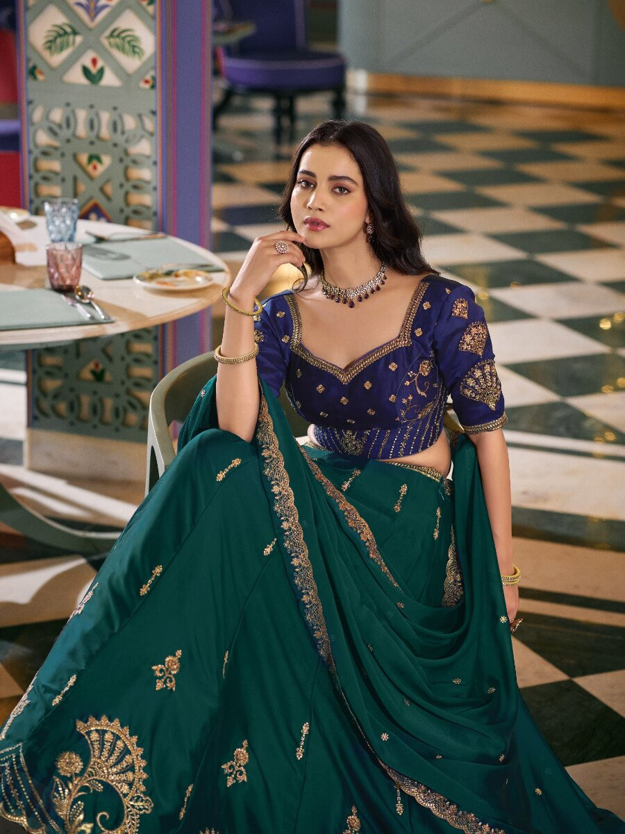Green Rangoli Silk Embroidery Sequins Wedding Reception Party Festival Heavy Border Lehenga Choli