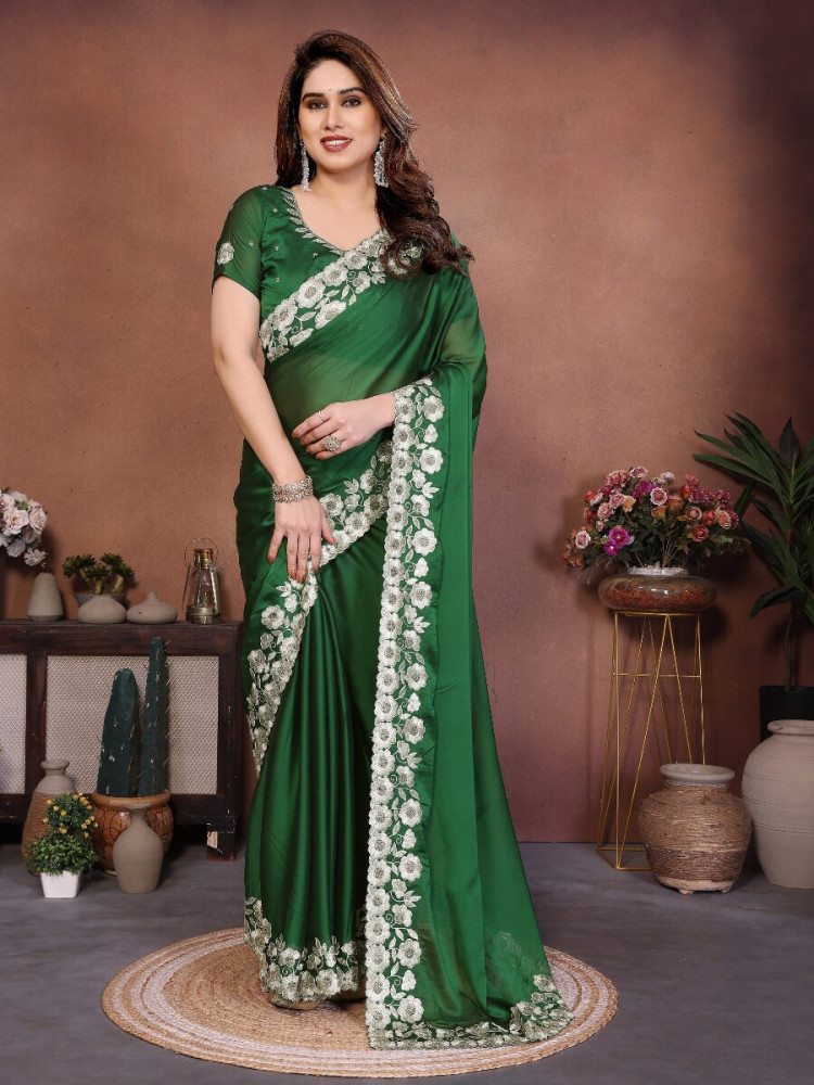 Image of Green Rangoli Silk Embroidery Wedding Reception Party Festival Casual Heavy Border Sarees