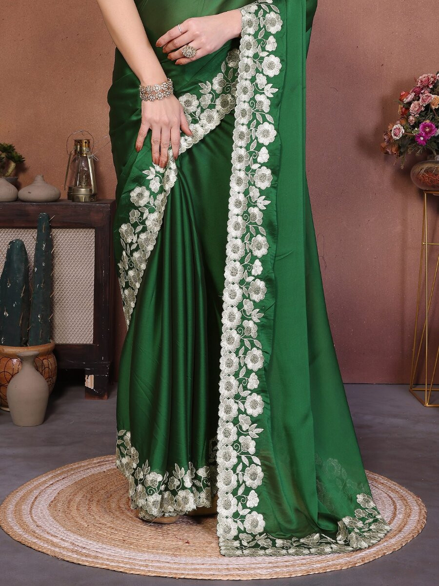 Green Rangoli Silk Embroidery Wedding Reception Party Festival Casual Heavy Border Sarees
