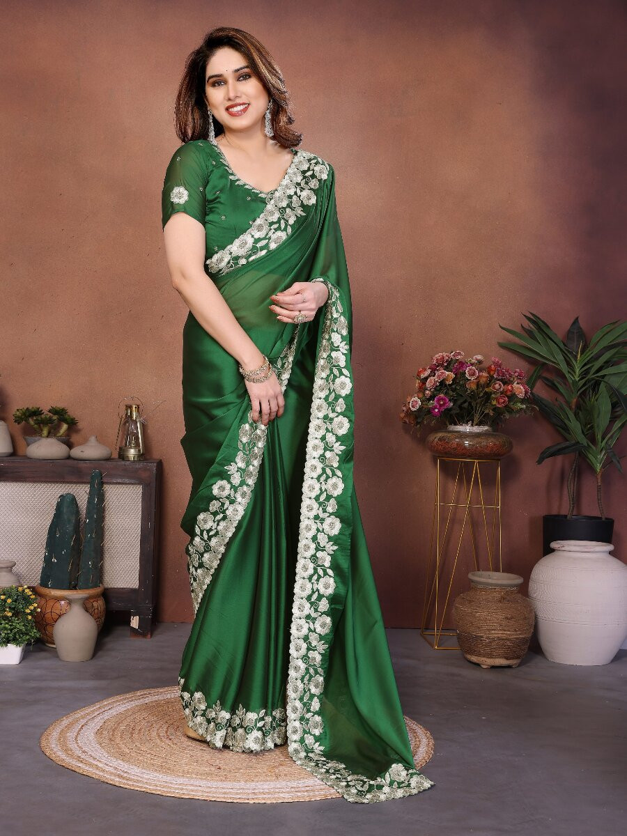 Green Rangoli Silk Embroidery Wedding Reception Party Festival Casual Heavy Border Sarees