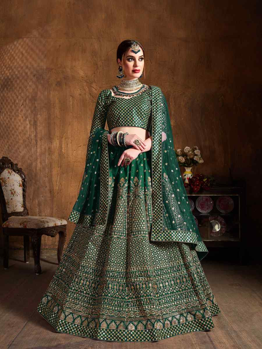 Green Raw Silk Embroidered Wedding Reception Festival Heavy Border Lehenga Choli